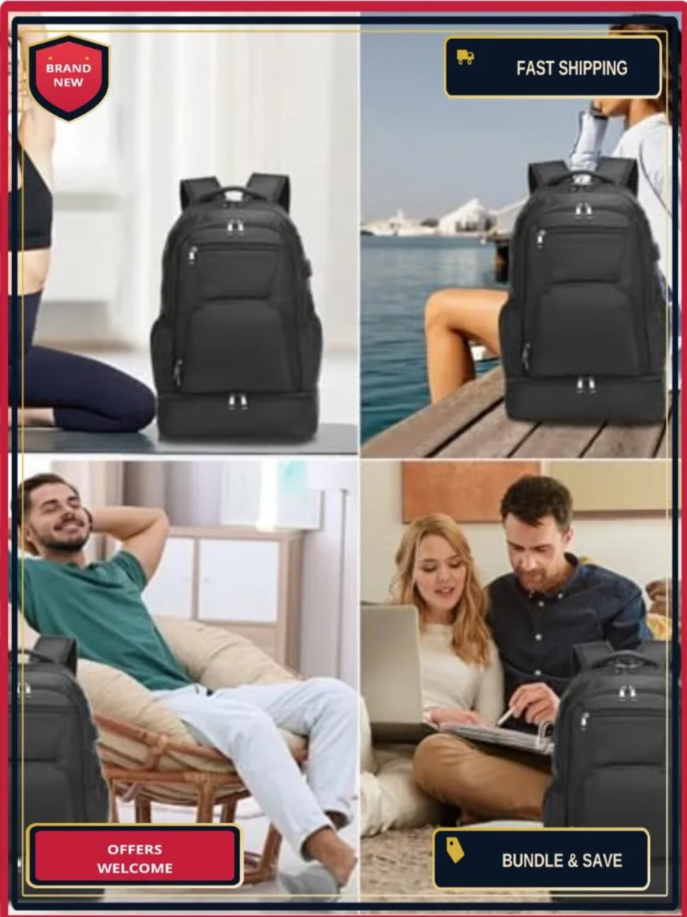 Gym Backpack with Shoe Compartment, USB Charging Port, Waterproof Nylon Laptop